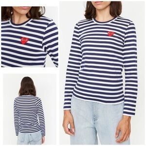 COMME DES GARCONS PLAY Navy Blue & White Striped Red Heart Long Sleeves Shirt S 